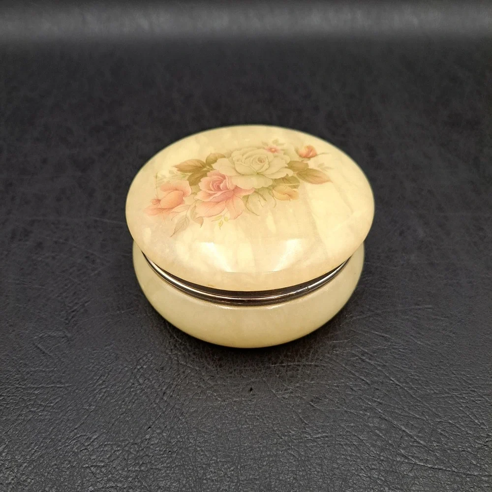 Vintage Alabaster Trinket Box Round Hinged Floral Rose‎ Decal Cream Stone Italy